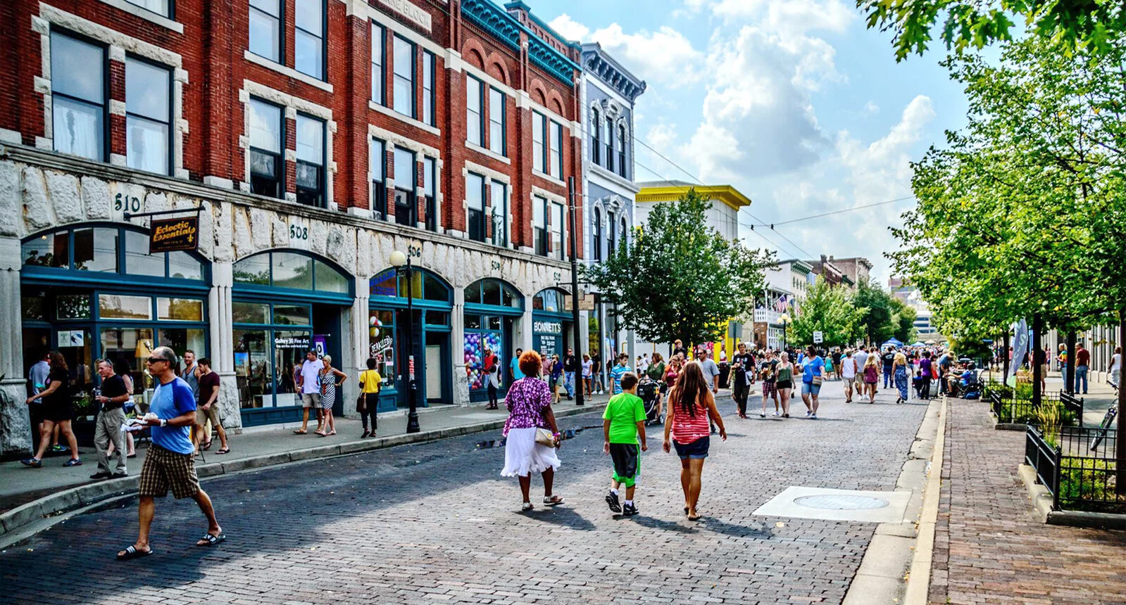 A brick street with retail stores on the left and people walking on the sidewalk and down the street in Dayton, Ohio