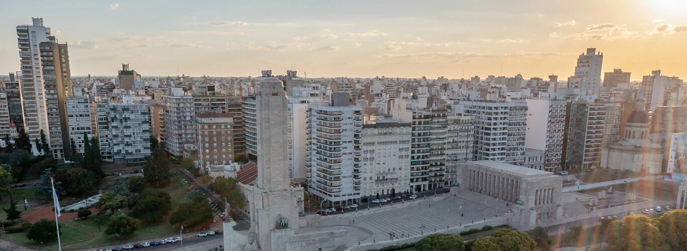 Aerial photo of Rosario at sunset showing the skyline