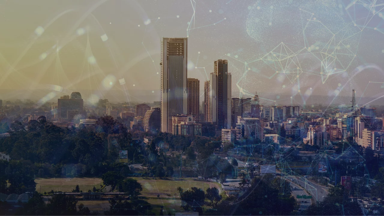 Urban cityscape with data lines overlaid on top of the graphic.