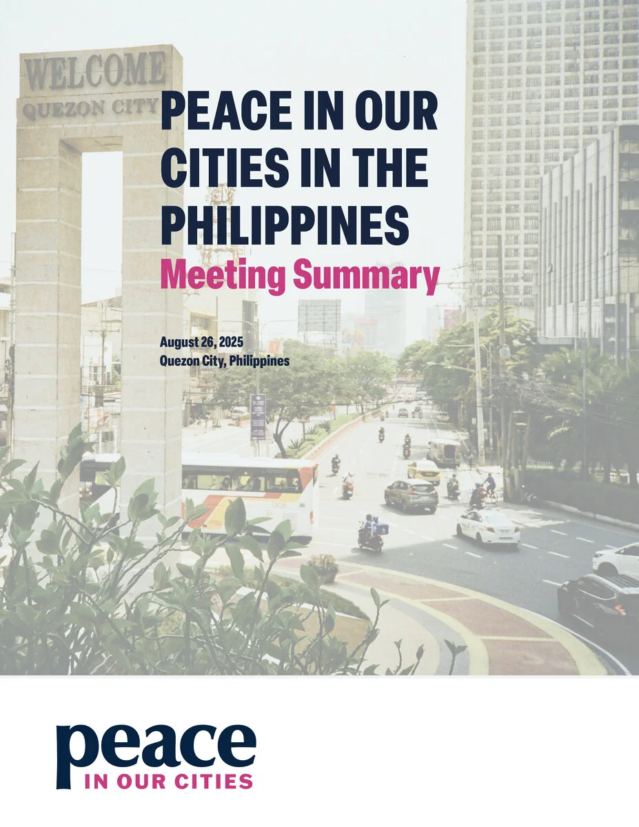 Peace in Our Cities in the Philippines Meeting Summary. Quezon City, Philippines. August 2025. PiOC logo at the bottom. Street view of Quezon City in the background behind a gray fade.