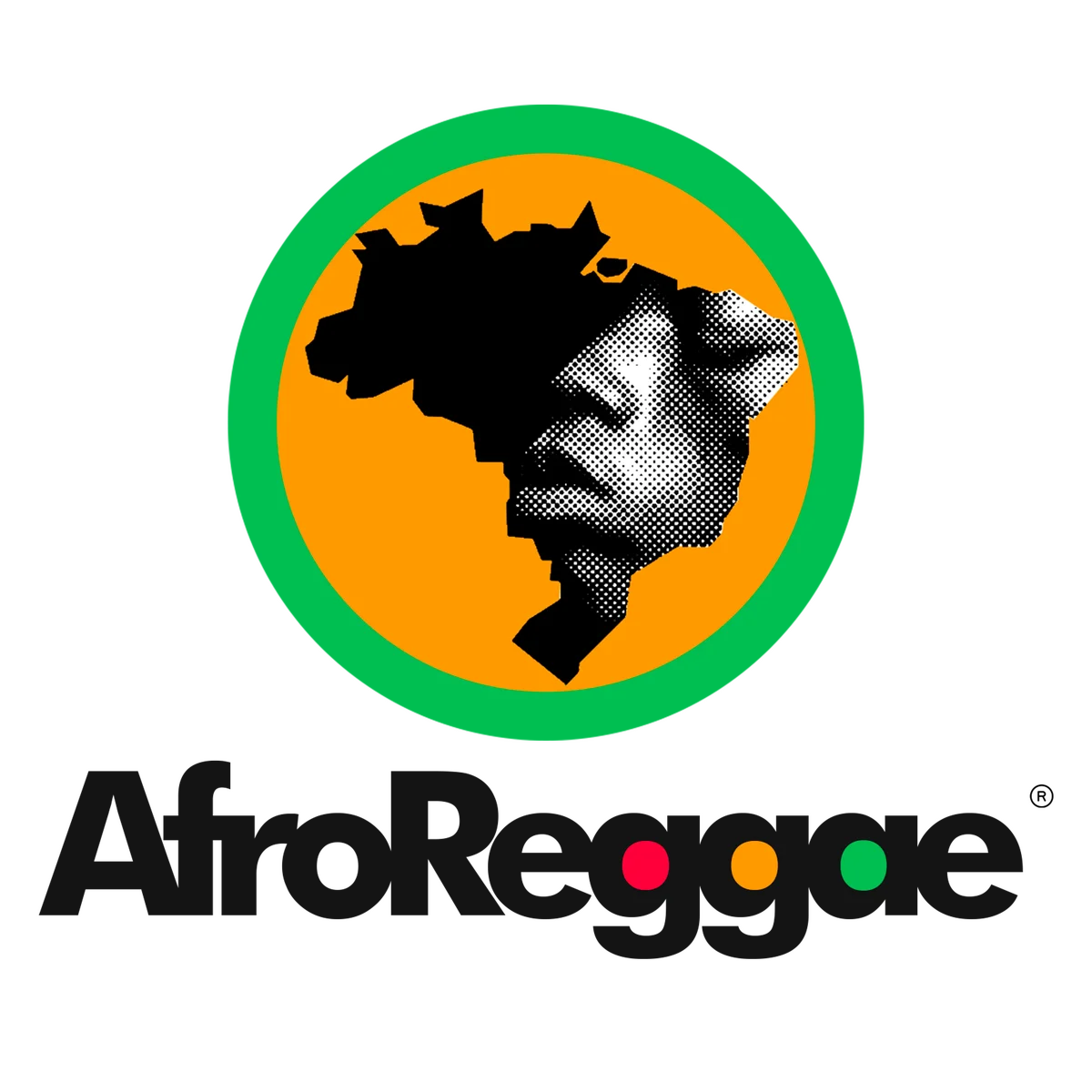 Afroreggae text in black with the gga filled with red, orange and green. Above is an orange filled circle with a green border and then a black and white mask over a person's face.