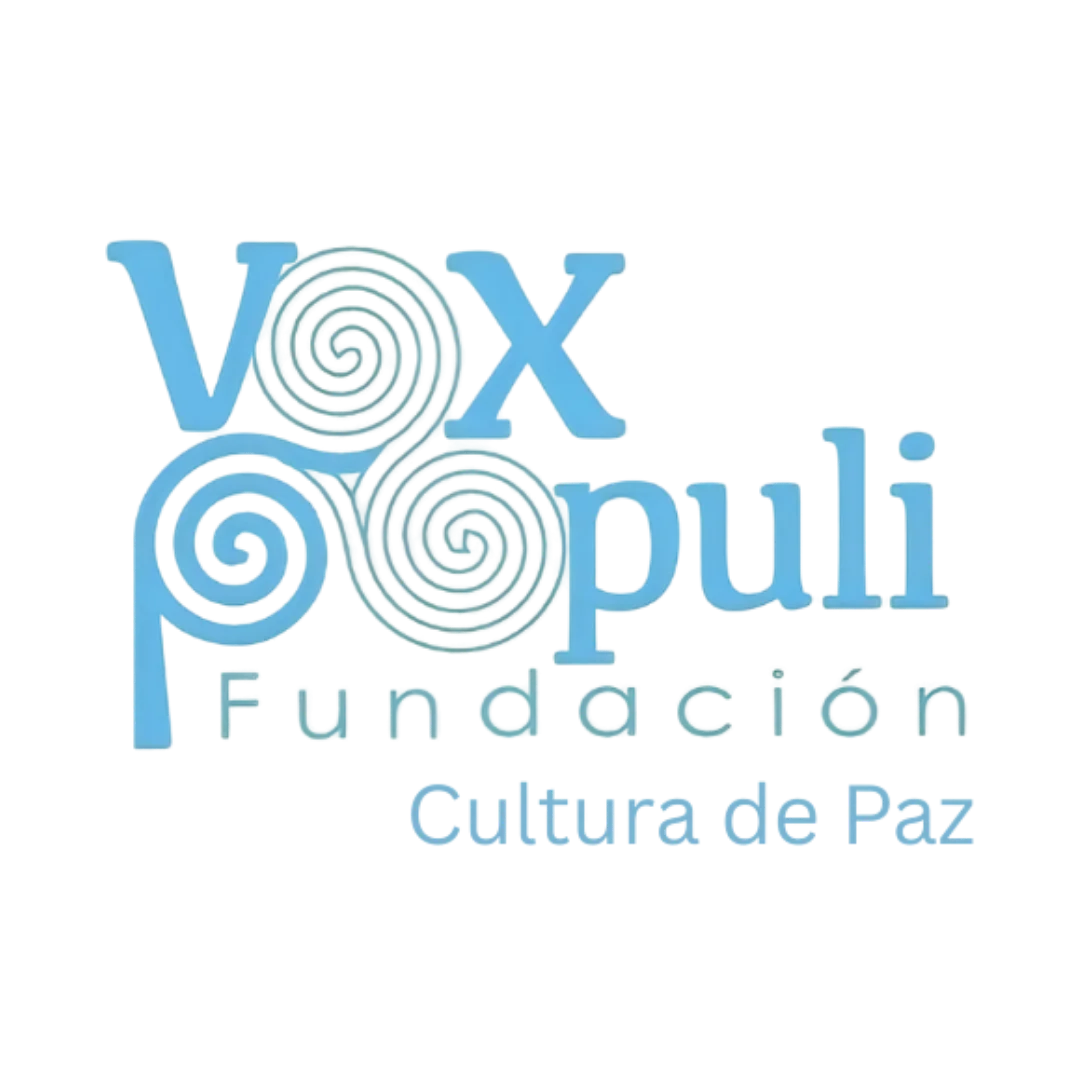 Blue Text: Vox Populi Ecuador Foundation with swirls as the O's.