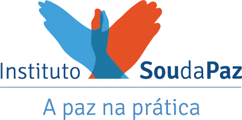 Instituto Sou da Paz. A Paz na pratica. Two hands with thumbs interlocked in the middle of the text.