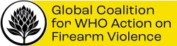 Text: Global Coalition for WHO Action on Firearm Violence with black and white leaf.